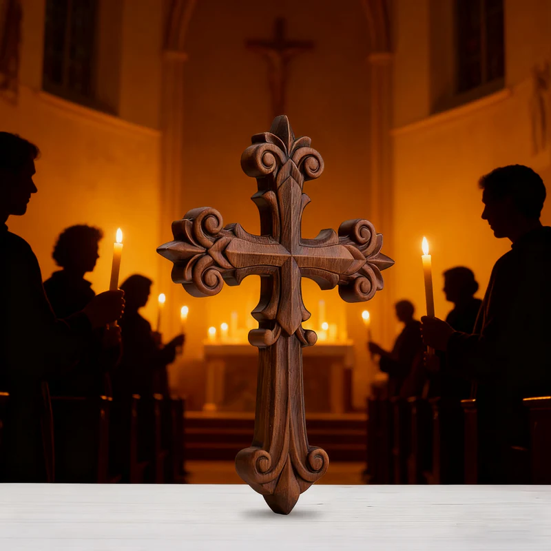 Bgcopper Ornate Wooden Cross - Carved from natural wood