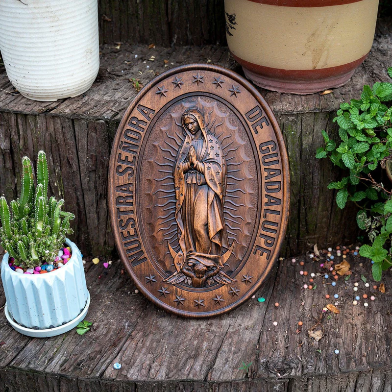 Retro Color Our Lady of Guadalupe Wood Carving -The patron saint of Mexico, America and unborn children - Image 3