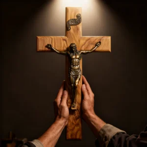 Olive Wood Crucifix with Bronze Corpus: A Bridge to Sacred Devotion