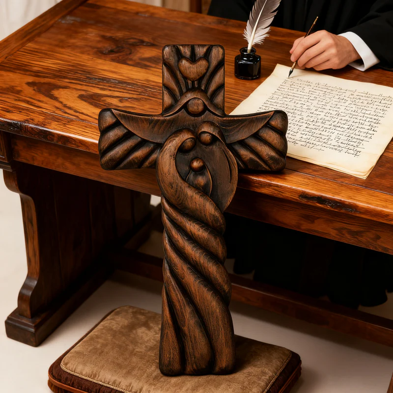 Holy Family wood icon decoration, Joseph, Mary, Baby Jesus, carved wooden cross, wall decoration