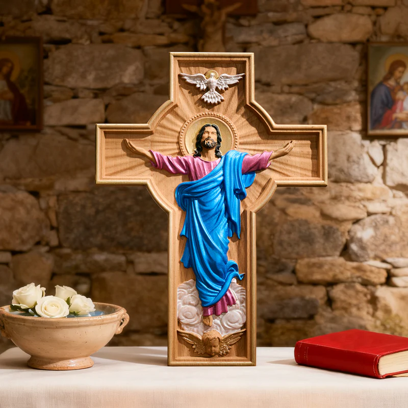Bgcopper October New Release: Hand-Carved Painted Wood Cross — The Ascension of Christ