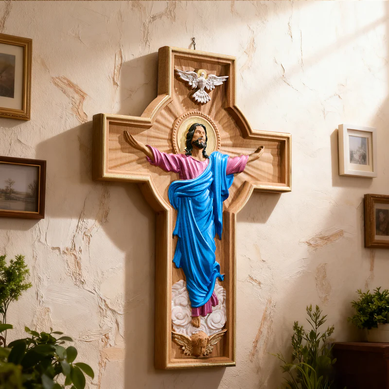 Bgcopper October New Release: Hand-Carved Painted Wood Cross — The Ascension of Christ - Image 5