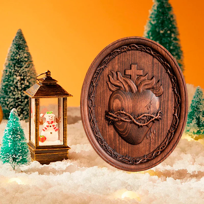 Sacred Family Three Sacred Hearts Wall Decoration Wood Sculpture - Image 2