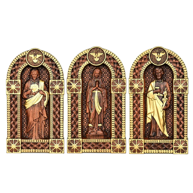 Holy Family Jesus Mary Joseph Arched Wooden Statue Set Tabletop Display