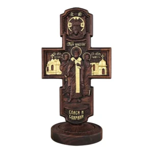 Double-sided carved cross tabletop ornament depicting Jesus' crucifixion and the apostles