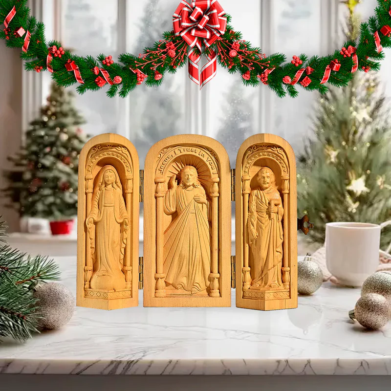 Hand-Carved Travel Triptych Altar: The Holy Family at Your Side - Image 3