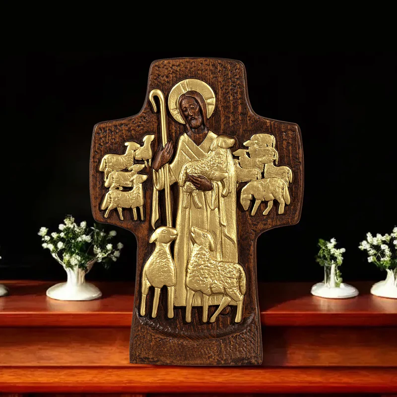 Good Shepherd Crucifix Wood Carving Religious Gift - Endless Care and Guidance - Image 5