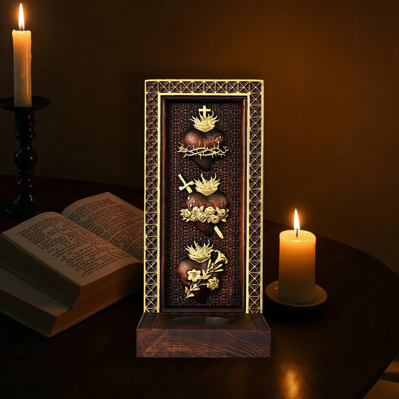 Holy Family Three Sacred Hearts Candlestick Wooden Carved Tabletop Arrangement - Image 2
