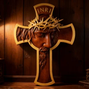 Sacred Thorn Crown Wooden Cross - A Testament of Redemption