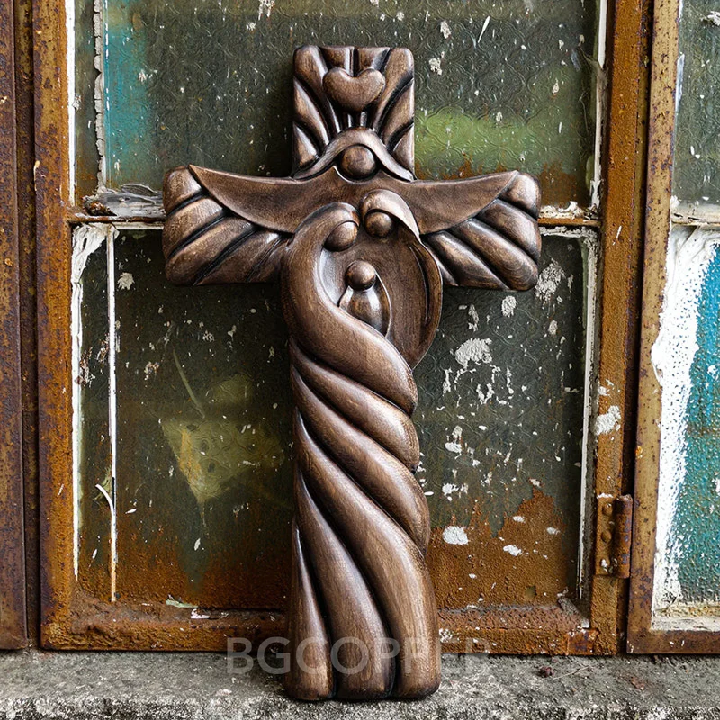 Holy Family wood icon decoration, Joseph, Mary, Baby Jesus, carved wooden cross, wall decoration - Image 2