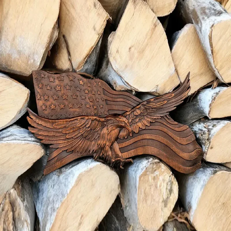 American flag with eagle wooden sign, eagle flag wood carving wall decoration, 3D engraving USA flag and bald eagle - Image 2