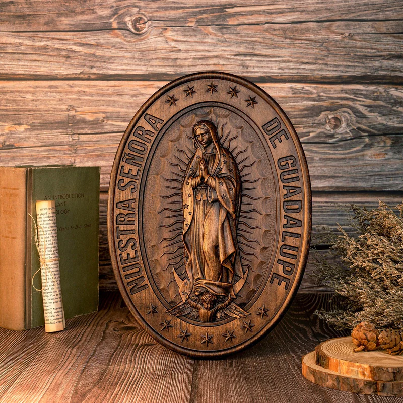 Retro Color Our Lady of Guadalupe Wood Carving -The patron saint of Mexico, America and unborn children - Image 4