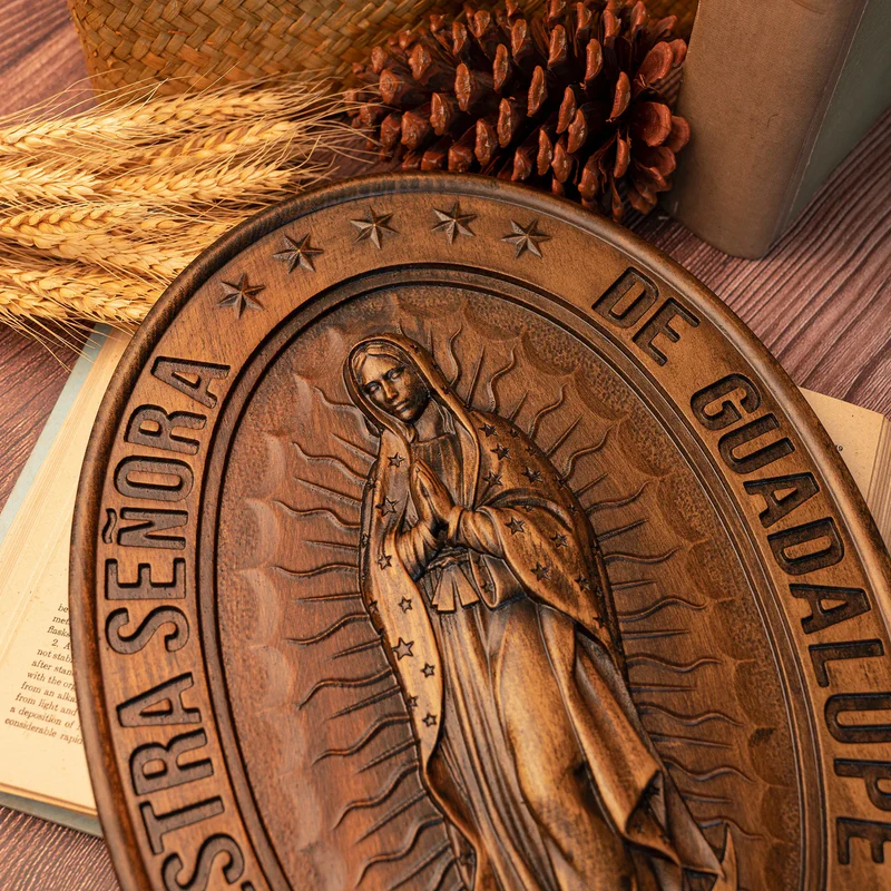 Retro Color Our Lady of Guadalupe Wood Carving -The patron saint of Mexico, America and unborn children - Image 5