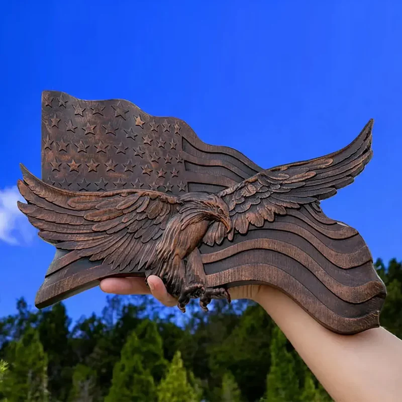 American flag with eagle wooden sign, eagle flag wood carving wall decoration, 3D engraving USA flag and bald eagle - Image 4
