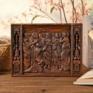 Beech wood Thomas and Jesus resurrection scene wall hanging