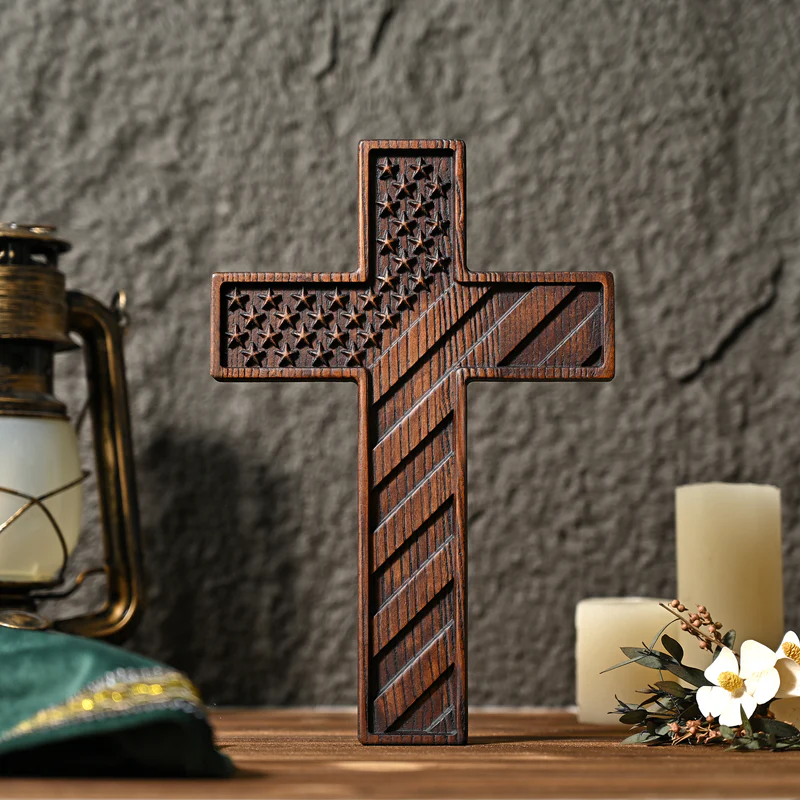 American Flag Cross - Carved in Natural Wood - Image 2