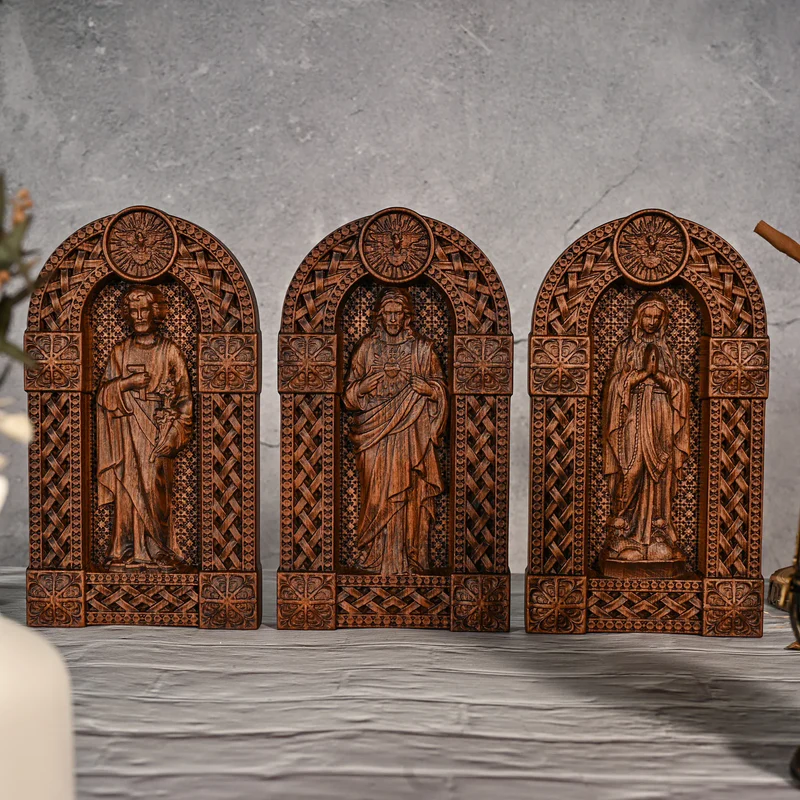 Holy Family Jesus Mary Joseph Arched Wooden Statue Set Tabletop Display - Image 3