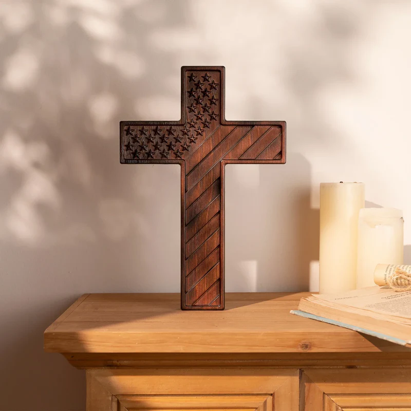 American Flag Cross - Carved in Natural Wood - Image 5