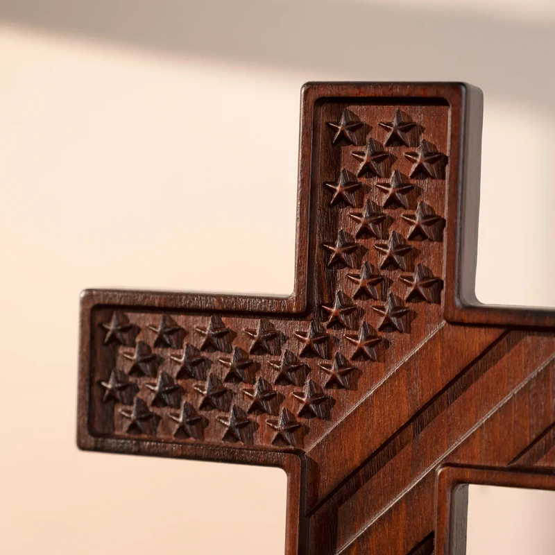 American Flag Cross - Carved in Natural Wood - Image 3