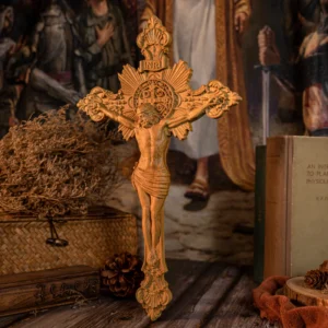 Wood Carving of Jesus Cross with St. Benedict's Exorcism