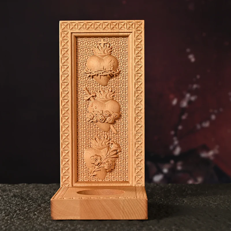 Holy Family Three Sacred Hearts Candlestick Wooden Carved Tabletop Arrangement - Image 4