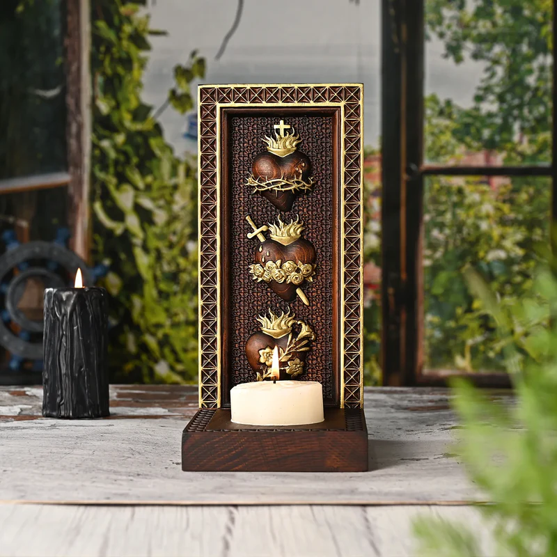 Holy Family Three Sacred Hearts Candlestick Wooden Carved Tabletop Arrangement - Image 5