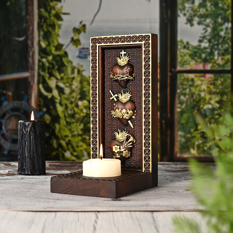 Holy Family Three Sacred Hearts Candlestick Wooden Carved Tabletop Arrangement - Image 6