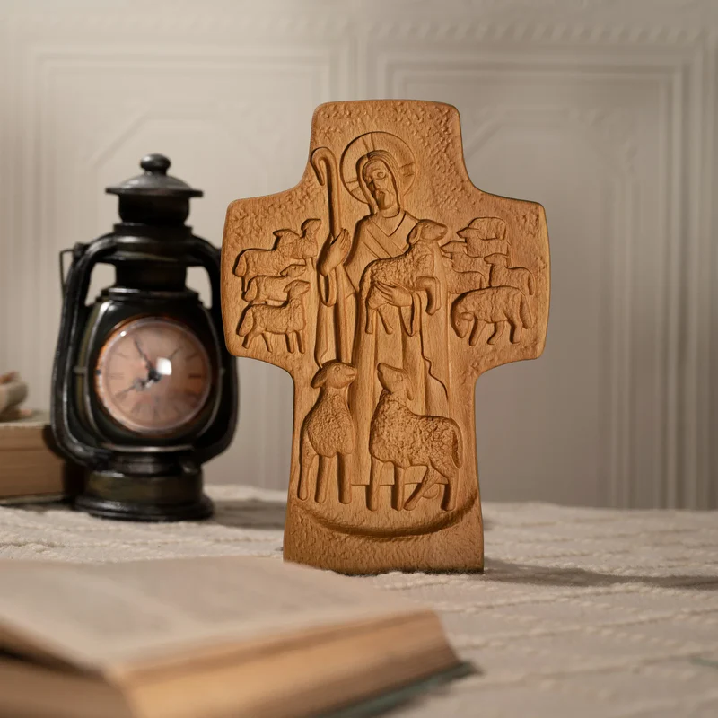 Good Shepherd Crucifix Wood Carving Religious Gift - Endless Care and Guidance - Image 3