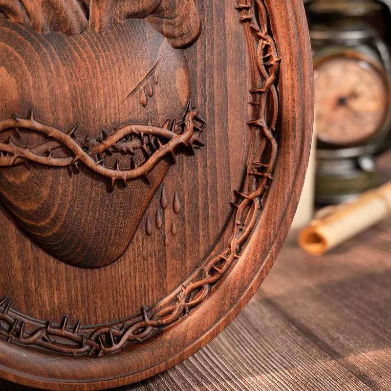 Sacred Family Three Sacred Hearts Wall Decoration Wood Sculpture - Image 3