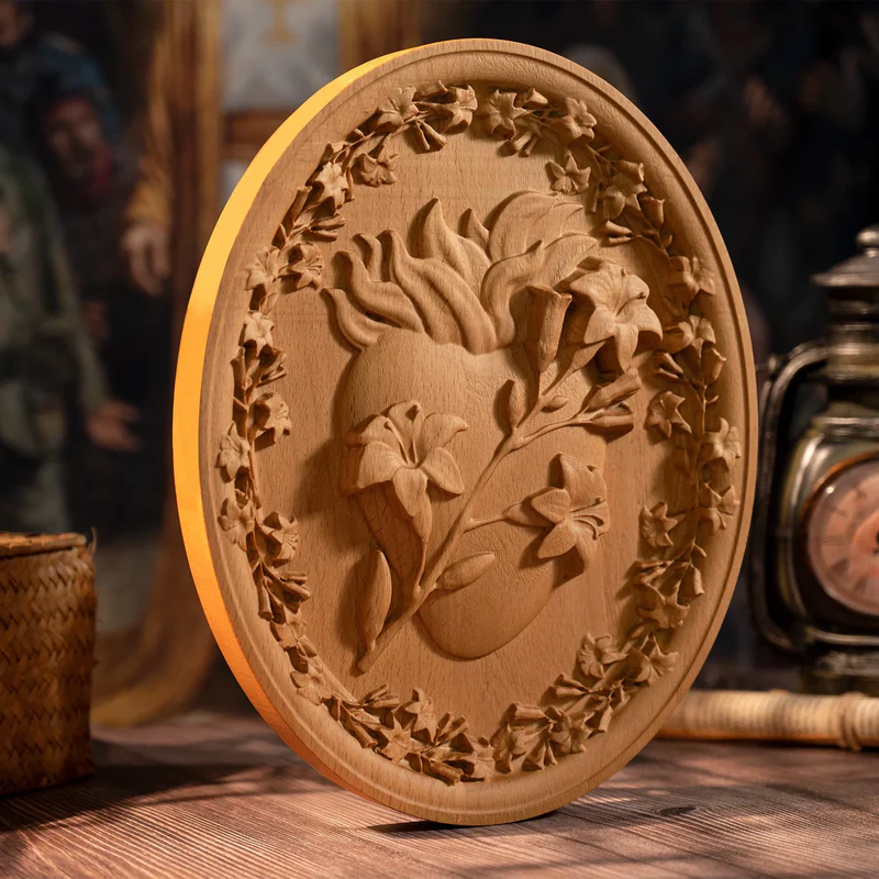 Sacred Family Three Sacred Hearts Wall Decoration Wood Sculpture - Image 4