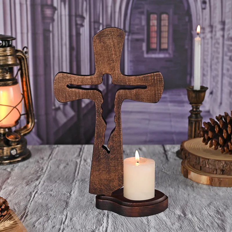 Beechwood Cross Candle Holder: Bearing Faith in Wood, Kindling Devotion with Light - Image 7