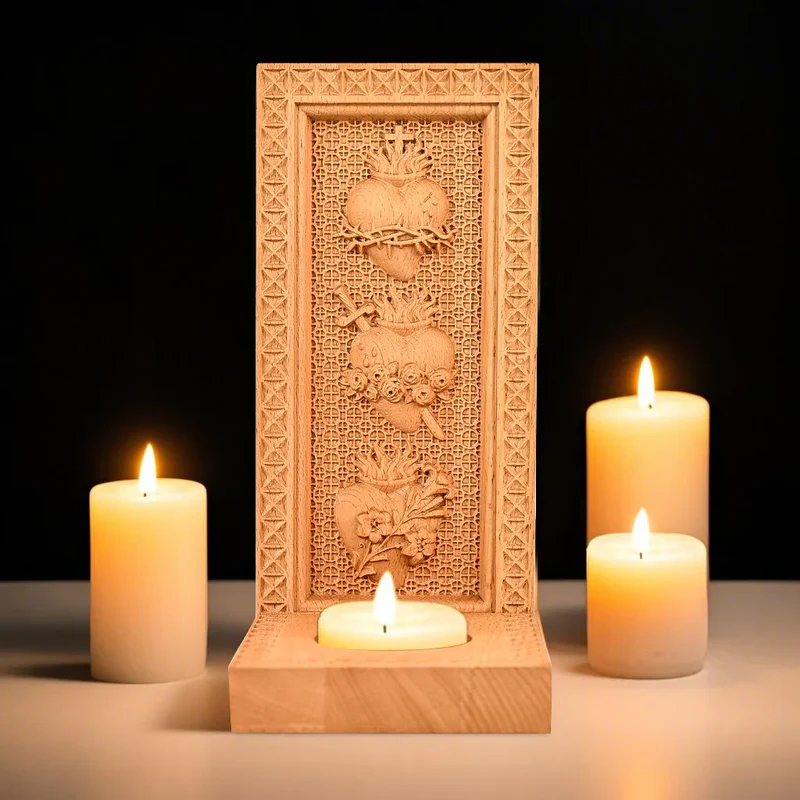 Holy Family Three Sacred Hearts Candlestick Wooden Carved Tabletop Arrangement - Image 3