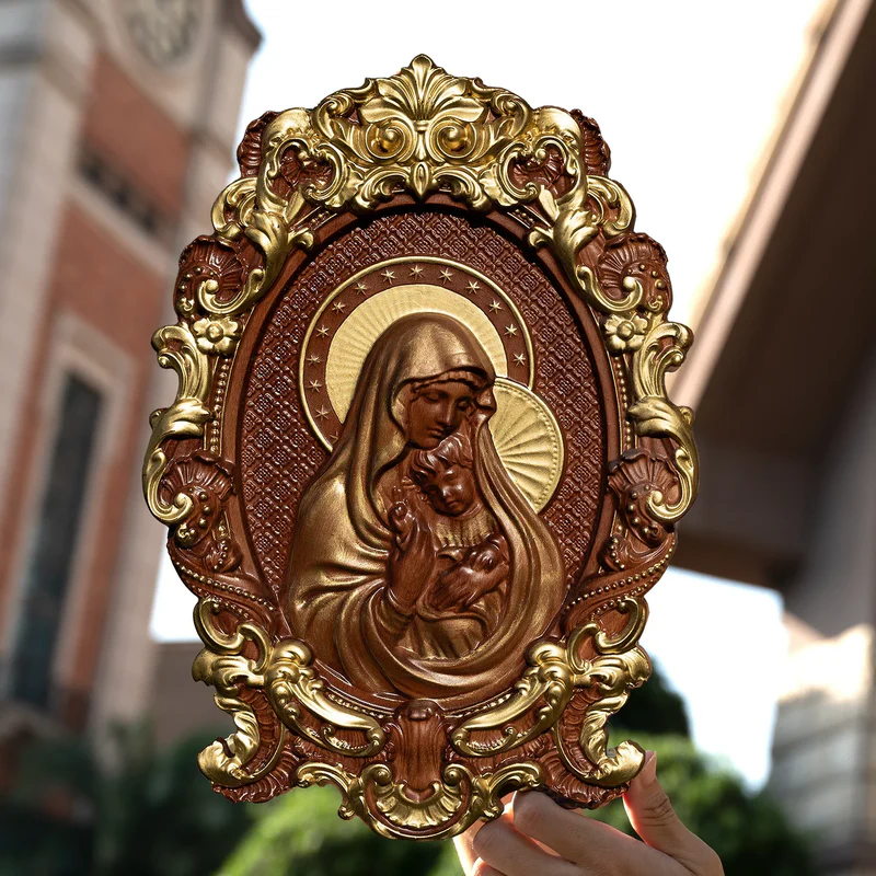 Mother Mary with Baby Jesus Wood Carving Decor - Image 5
